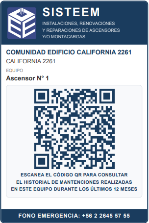 Placa de verificación QR instalada en la cabina de un ascensor mantenido por SISTEEM